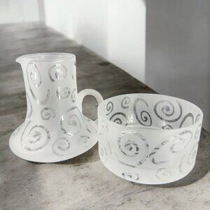 Art Glass Clear Open Creamer And Sugar Set Frosted Swirls Signed Hand Made Glass